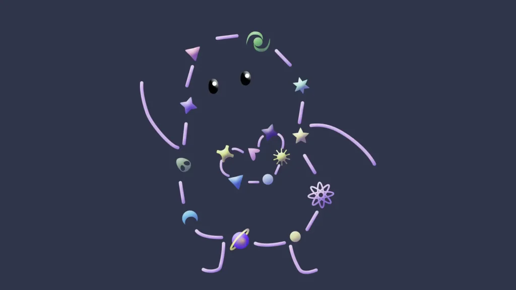 A smiling outline-style cartoon character filled with colourful stars, planets, and geometric shapes.
