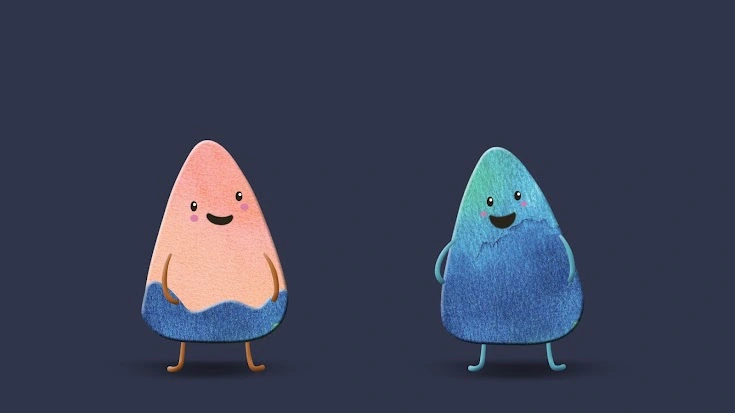 Two smiling cartoon characters, one pink and one blue, stand side by side on a dark background.